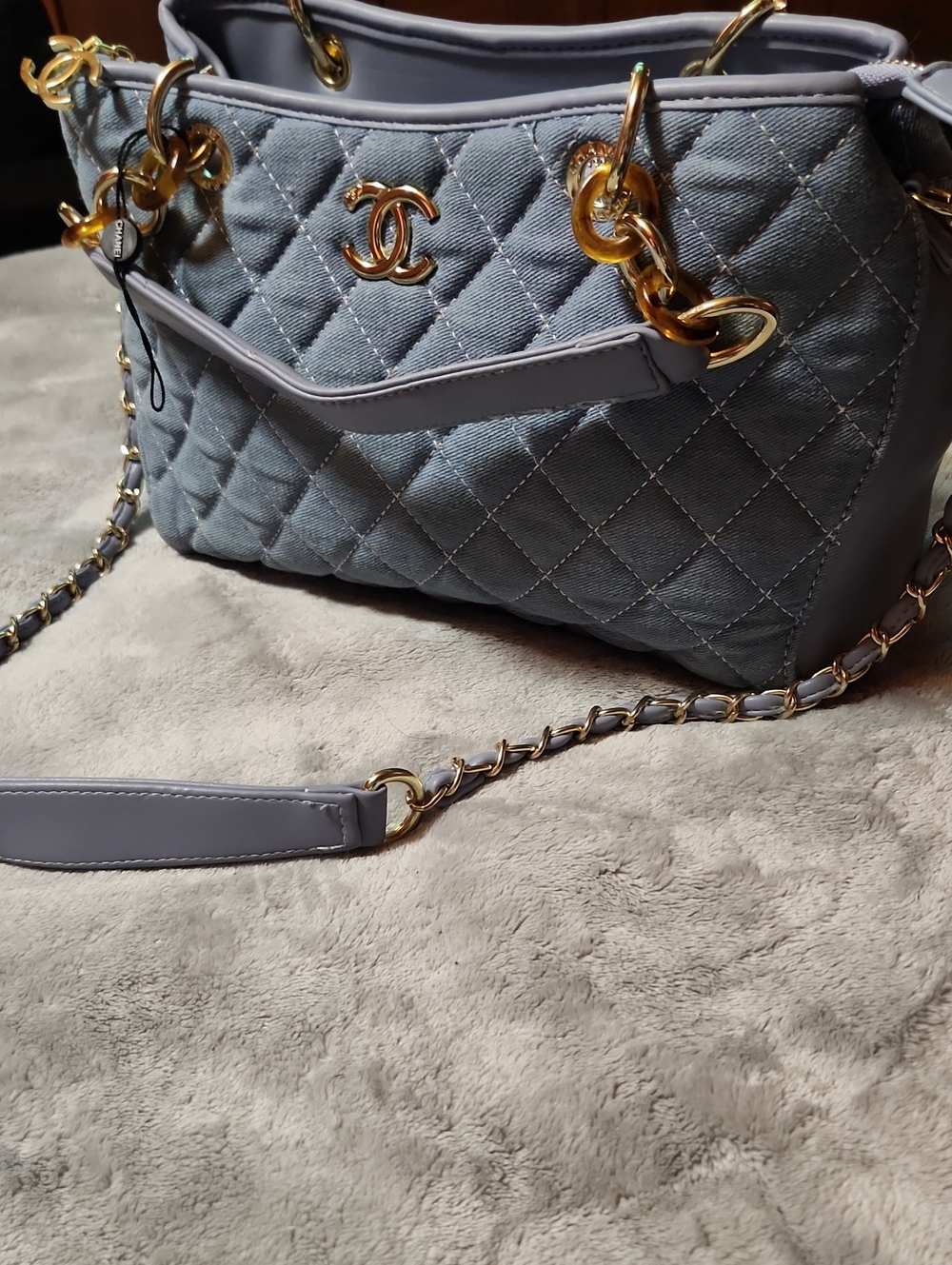CC Monogram Fashion Bag Quilted Shoulder Bag in Pale Blue with Gold Hardware